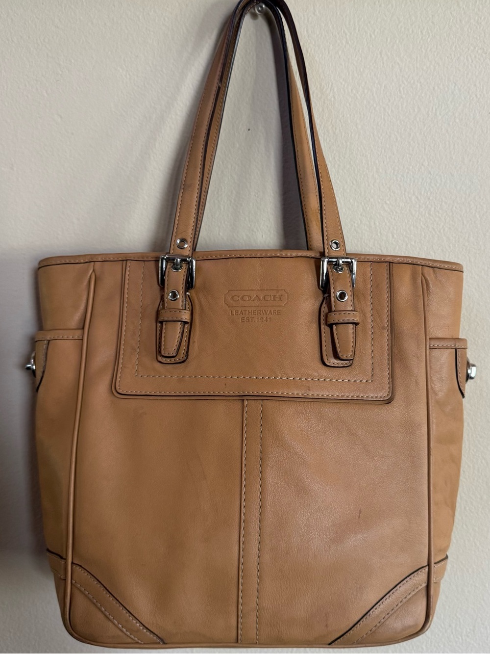 Vintage Coach Tan Leather Tote with Buckle Strap Details